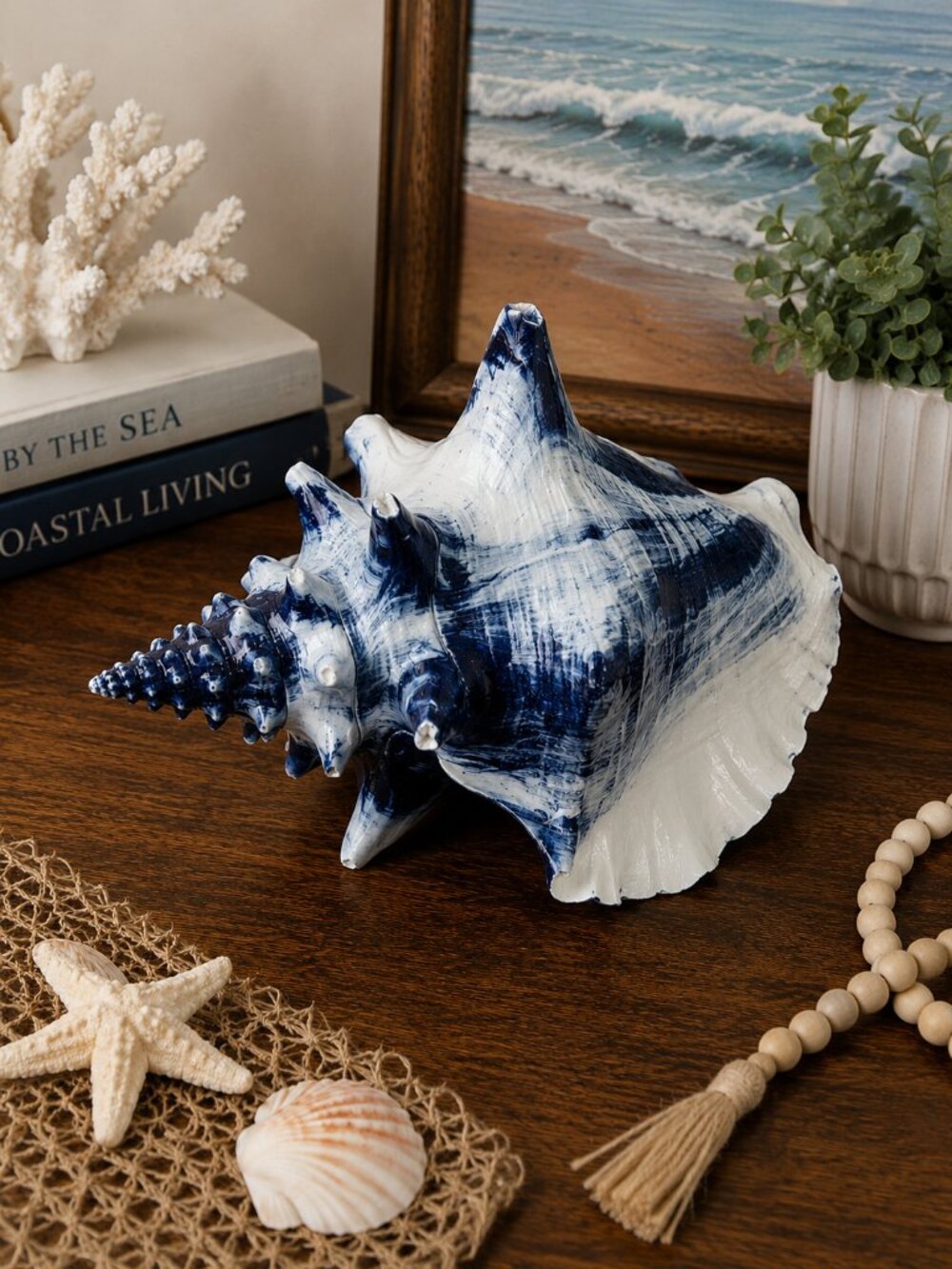 VTG Large Navy Blue & White Murex Sea Shell Coastal Nautical Beach House Decor